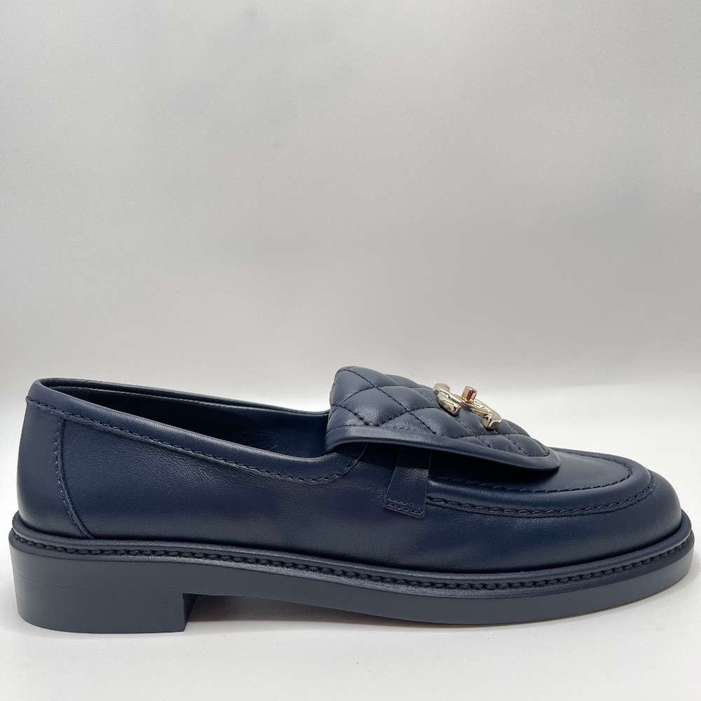 ❌❌ SOLD Chanel NIB 2021 Navy Blue Gold CC Logo Quilted Flap Flats Loafers - Picture 8 of 14